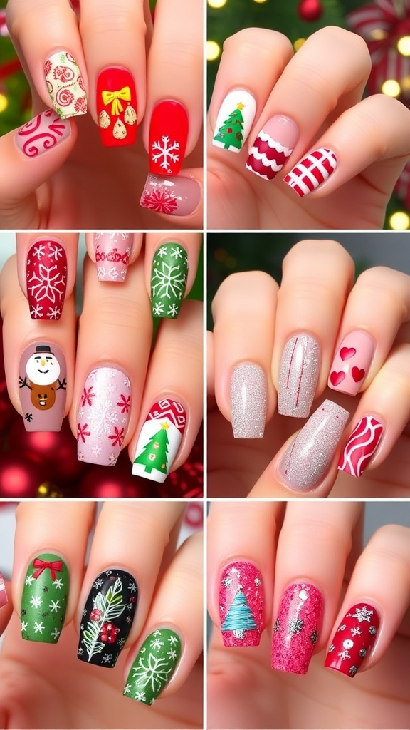 A collection of colorful Christmas-themed nail designs for Sims 4, featuring festive patterns and glitter.